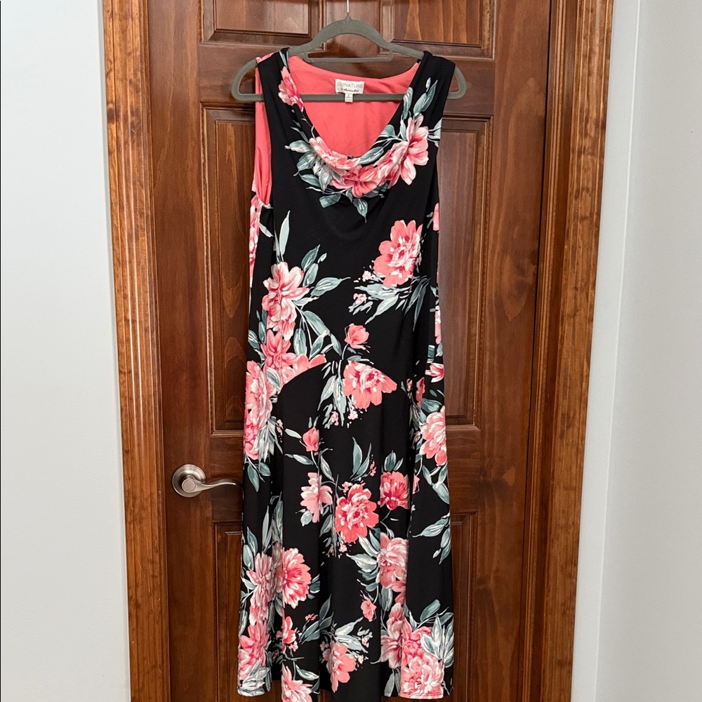 Signature by Robbie Bee Black and Coral Floral Midi Dress